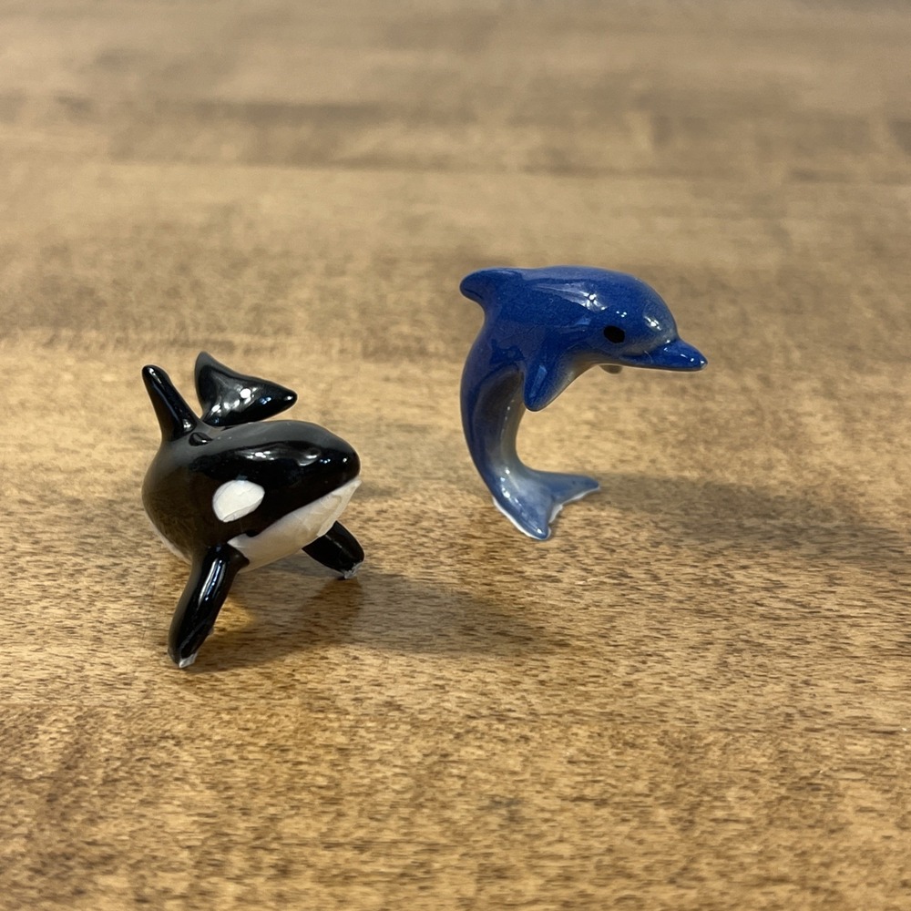 Dolphin & Orca Whale‎ Vintage Miniature Bone China Figurine Japan Marine